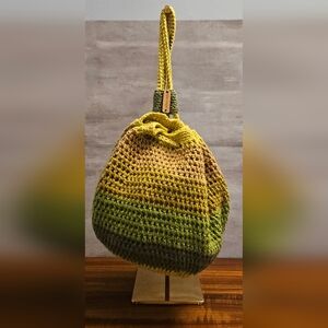 Crochet Drawstring Backpack - Green & Tan